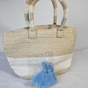 NEW ALTRU Straw Mini Tote Bag Purse For Beach/Shopping 16" X 10" Tan/White